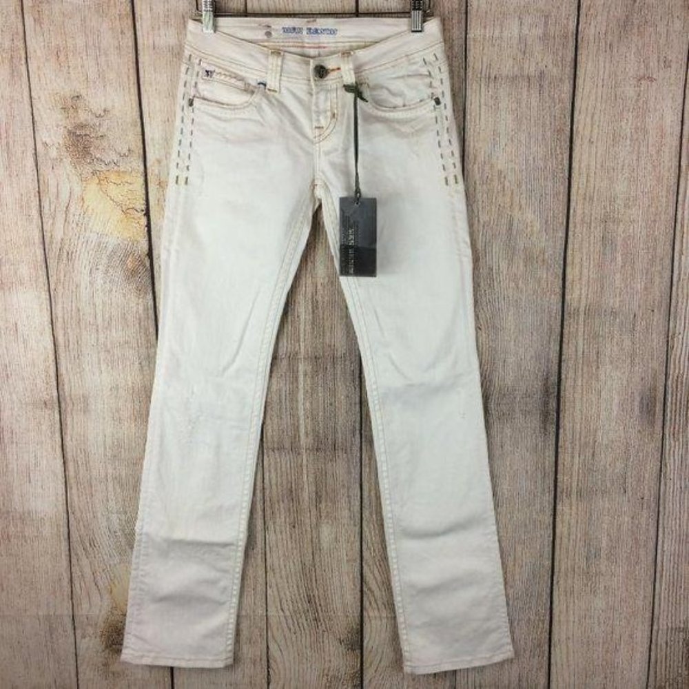 MEK NWT Women's Size 26 Sicily Cream Bootcut Denim Jeans Distressed Stretch - Picture 1 of 16